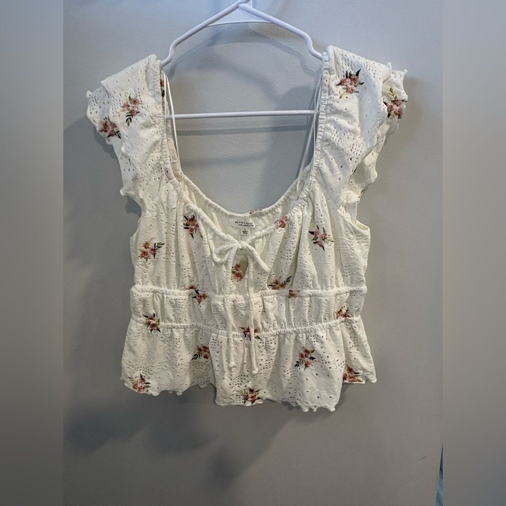 Elegant White Eyelet Blouse with Floral Details
